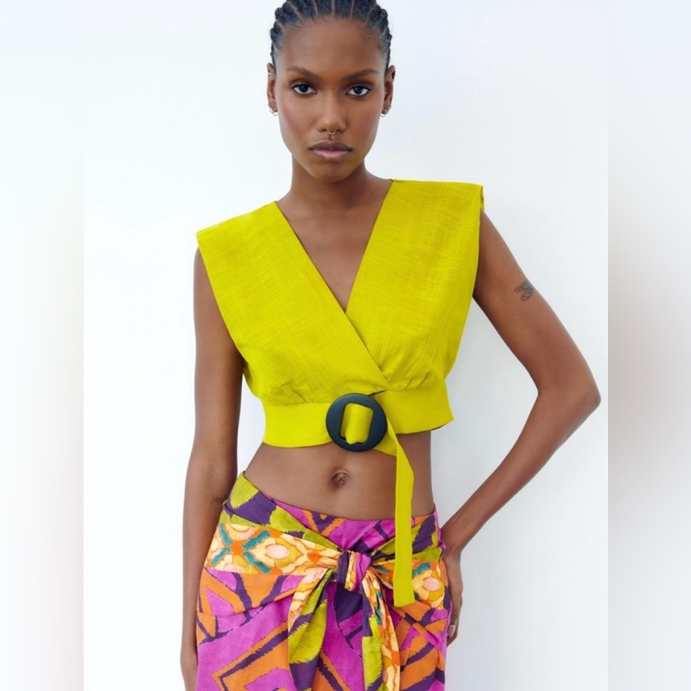 ZARA NWT Buckle Wrap Top 100% COTTON Crop Top Pistachio Green Size Small